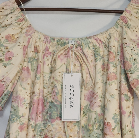 NWT Gee Gee Floral Eyelet Puff Sleeve Dress Cottagecore Balletcore Fall Small - Picture 5 of 11